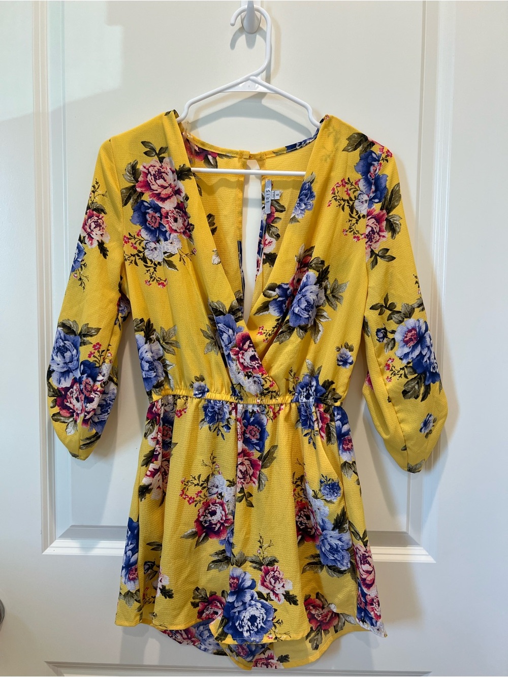 Yellow Floral Wrap Romper with Blue & Pink Blooms